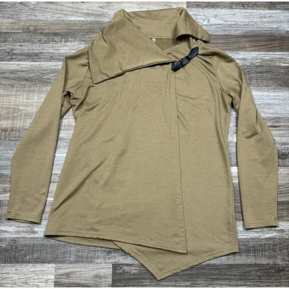 Lucky Brand Womens Size XL Asymmetrical Wrap Blouse Buckle Detail Khaki Cardigan - Picture 4 of 15